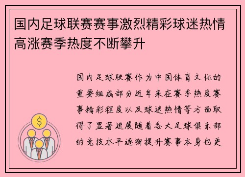 国内足球联赛赛事激烈精彩球迷热情高涨赛季热度不断攀升